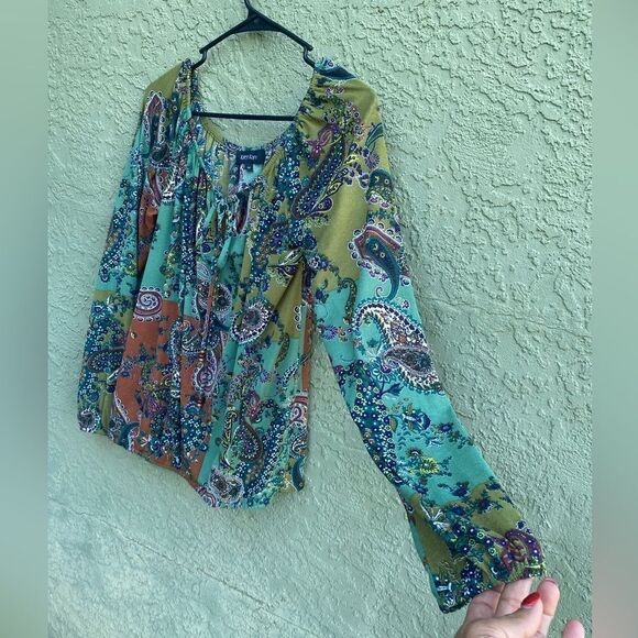 EUC KAREN KANE Long Sleeve Multicolored Paisley Tie-Neck Blouse Medium - Picture 5 of 10